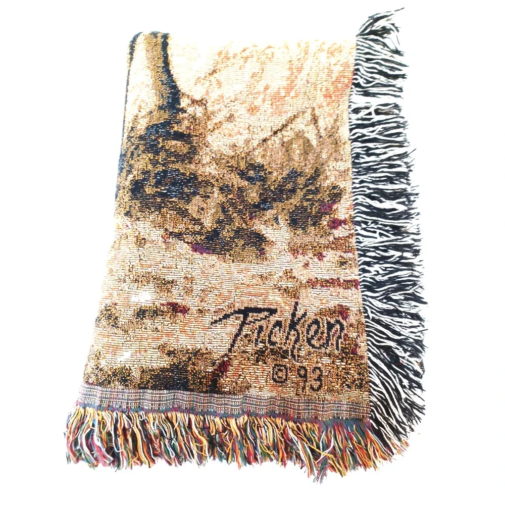 VTG Picken '93 Deer Buck Throw Tapestry Fringe Blanket Wall 50x65 Cabin Hunting